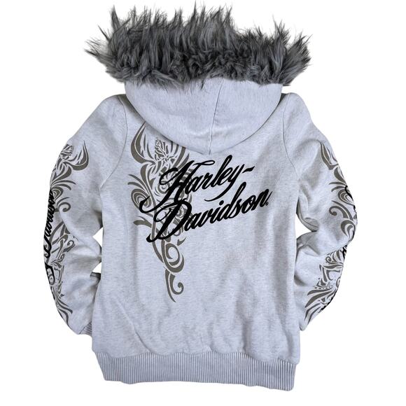 Vintage Harley Davidson Fur Trim Zip Hoodie M Gray Felted Logo Y2K Tattoo Style - Picture 5 of 16
